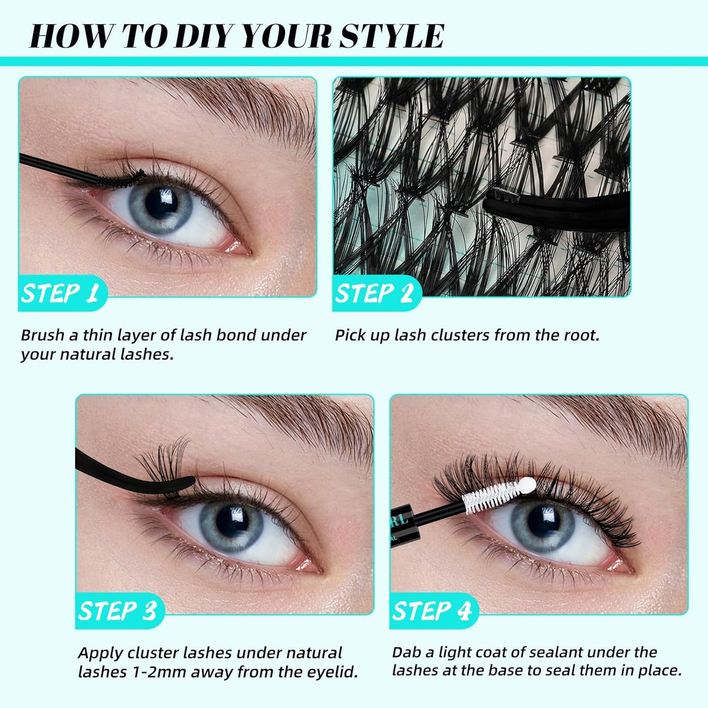 AMZGIRL LASH Clusters Kit 320Pcs, DIY Individual Extensions with Lash Bond and Seal, Remover For False Eyelashes, Applicator Tool Kit At Home(3040D,D-Mix9-16mm, Black