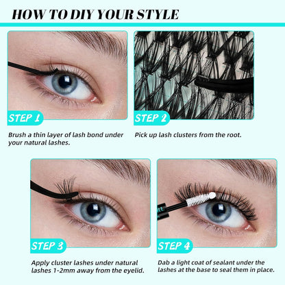 AMZGIRL LASH Clusters Kit 320Pcs, DIY Individual Extensions with Lash Bond and Seal, Remover For False Eyelashes, Applicator Tool Kit At Home(3040D,D-Mix9-16mm, Black