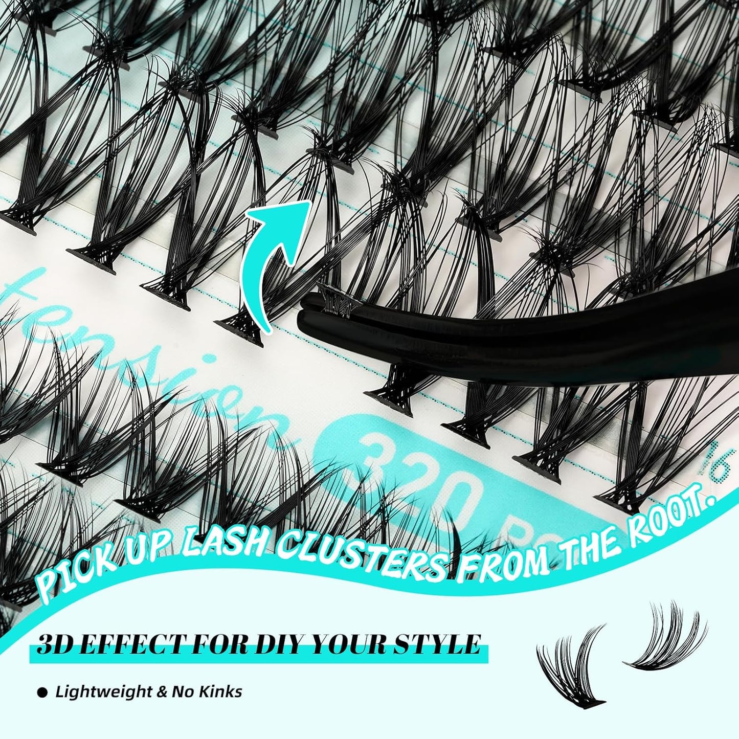 AMZGIRL LASH Clusters Kit 320Pcs, DIY Individual Extensions with Lash Bond and Seal, Remover For False Eyelashes, Applicator Tool Kit At Home(3040D,D-Mix9-16mm, Black