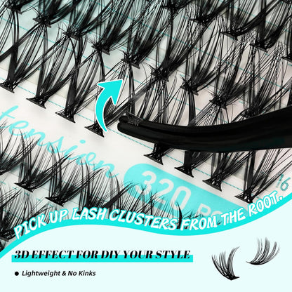 AMZGIRL LASH Clusters Kit 320Pcs, DIY Individual Extensions with Lash Bond and Seal, Remover For False Eyelashes, Applicator Tool Kit At Home(3040D,D-Mix9-16mm, Black