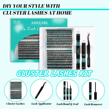 AMZGIRL LASH Clusters Kit 320Pcs, DIY Individual Extensions with Lash Bond and Seal, Remover For False Eyelashes, Applicator Tool Kit At Home(3040D,D-Mix9-16mm, Black